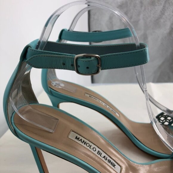Manolo  Blahnik Maurila Turquoise Geometric Laser Cut Sandal Heels Leather 41 - Picture 8 of 16